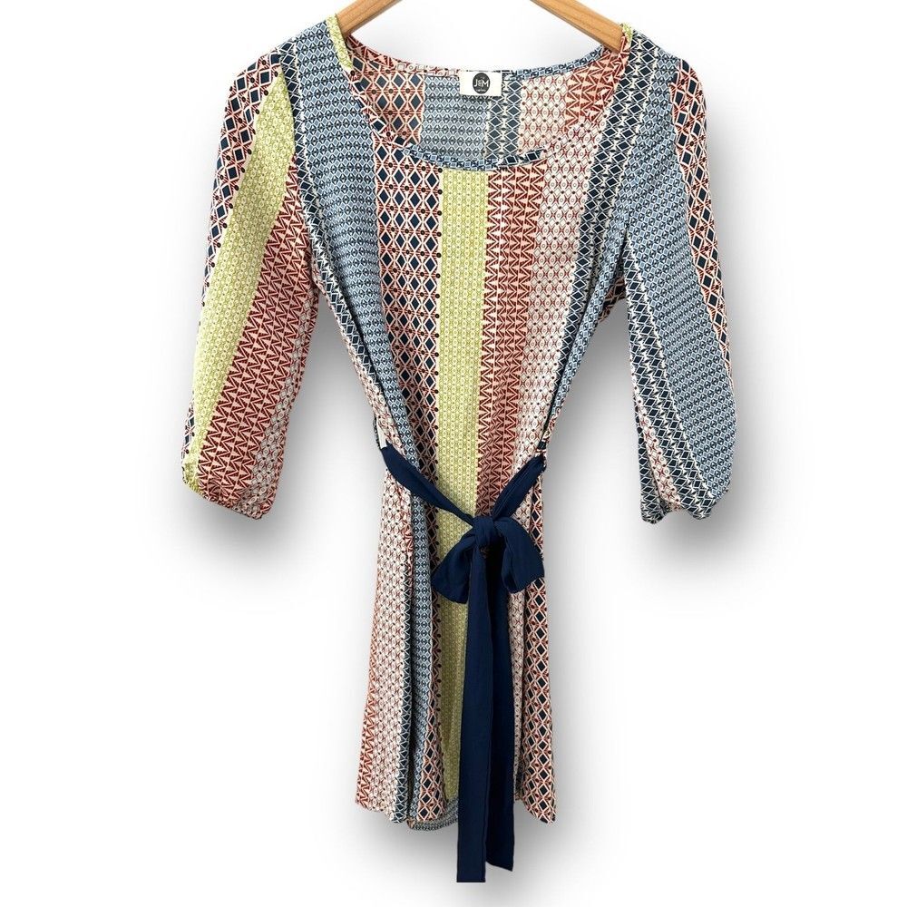 Womenās 3/4 Sleeve Dress Tribal Aztec Geometric Print Tie Waist Small Neutral